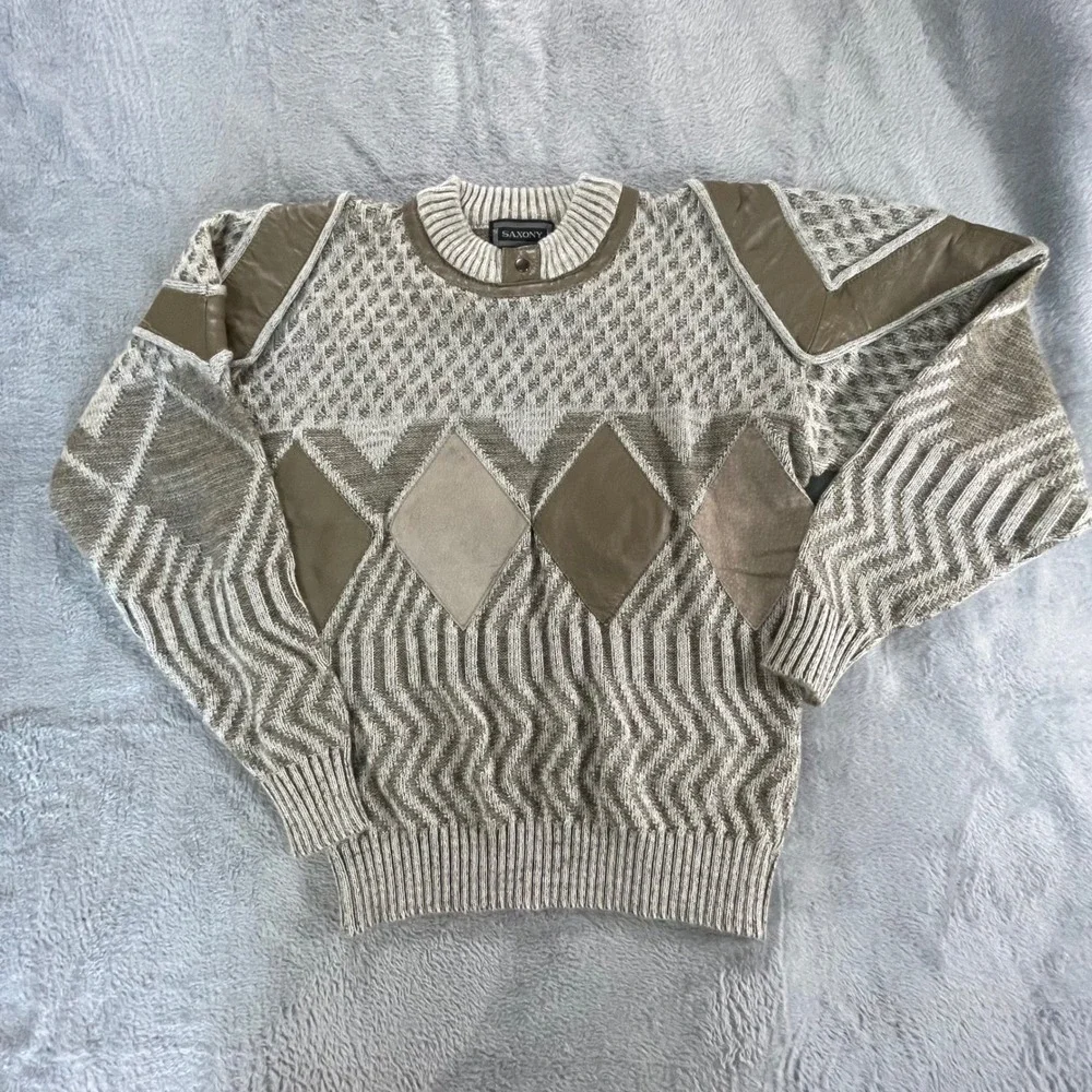 Vintage 90s Diamond Cable Knit Crewneck Sweater Neutral Taupe Size M Grandpa